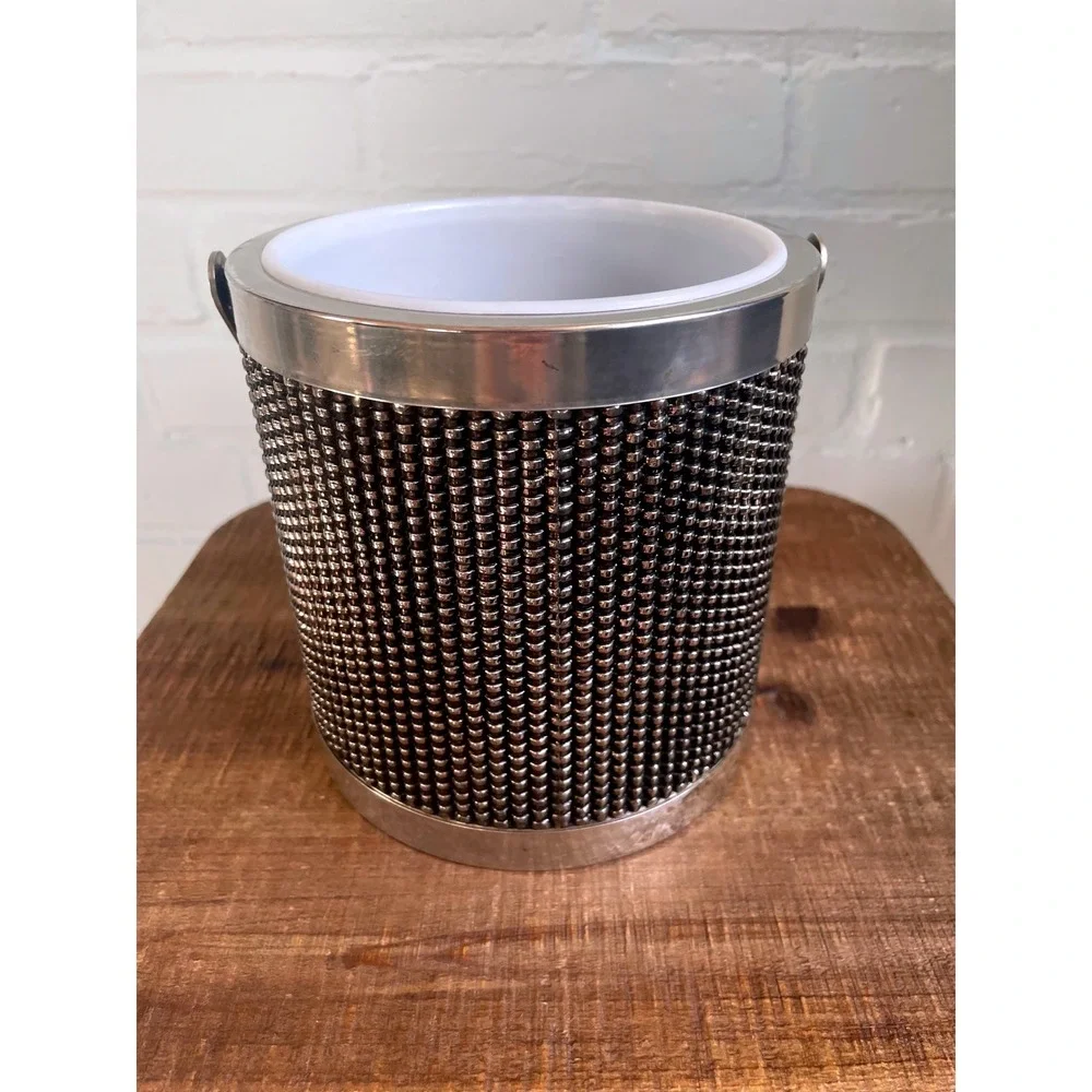 Vintage Silver Tone Beaded Ice Bucket White Insert Handle Barware Cocktail Party